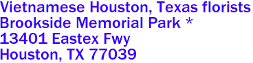 Vietnamese Houston, Texas florists
Brookside Memorial Park *
13401 Eastex Fwy
 Houston, TX 77039