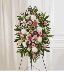 White and Pink Funeral Standing Spray Peek Funeral