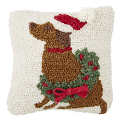 Mud Pie Brown Dog Christmas Hooked Pillow 8" x 8" Hearts Desire Gifts