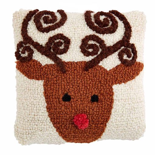 Mud Pie Mini Christmas Hooked Pillow Reindeer 8" x 8" Hearts Desire