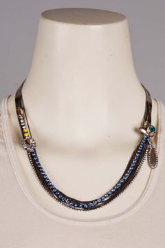 Multiwire Twisted Brass Shaded Gunmetal and Silver Necklace w/Rhinestones