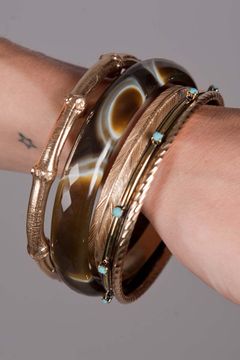 Set of 5 Goldplated Brass Bangles with Agate and Rhinestones