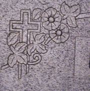 Cemetery Headstone Combination Cross, Flowers, and Border Design on Grey Granite
