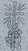 Engraved Cross and Flowers Cemetery Headstone Design D-23 on Gray Granite
