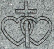 Engraved Cross with Interlocking Hearts Cemetery Headstone Design 593 on Gray Granite