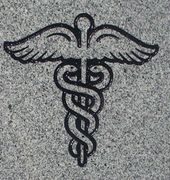 Engraved Funeral Memorial Design 703--Medical Caduceus Symbol on Gray Granite