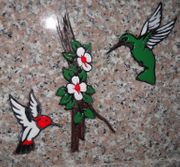 Engraved Green and Red Hummingbirds with Flowers Combination Funeral Memorial Design