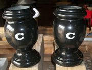 Engraved Pair of Jet Black Granite Turned Style Vases