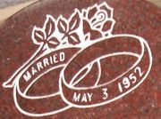Engraved Wedding Rings and Rose Cemetery Headstone Design 1066 on India Red Granite