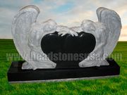 STM001 Pair of Angels and Heart Jet Black Granite Upright Memorial