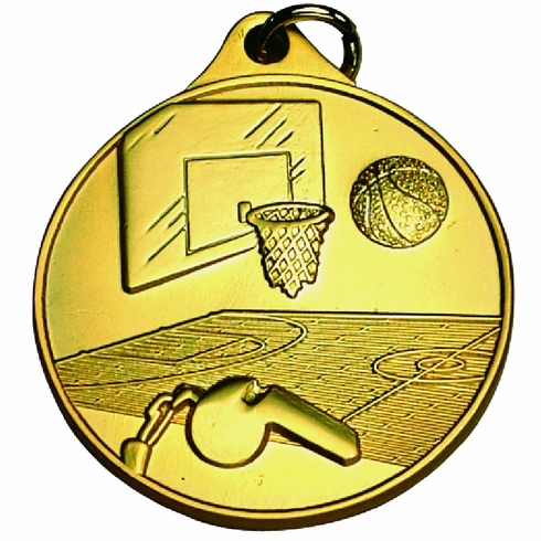 1-1/2 Inch Basketball Themed Sports Medal in Gold, Silver, or Bronze, with Customizable Back
