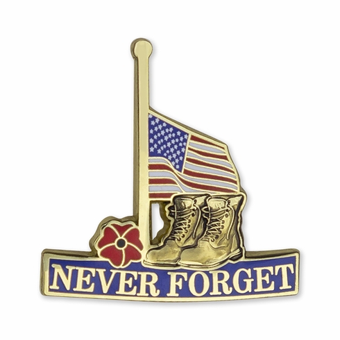 1-1/4 INCH HALF MAST AMERICAN FLAG "NEVER FORGET" WITH MILITARY BOOTS AND RED POPPY LAPEL PIN