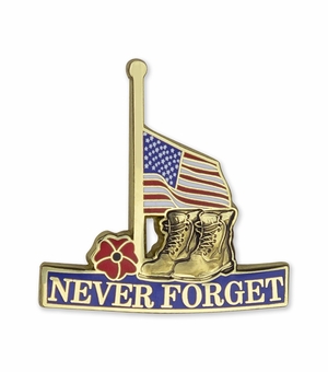1-1/4 INCH HALF MAST AMERICAN FLAG "NEVER FORGET" WITH MILITARY BOOTS AND RED POPPY LAPEL PIN
