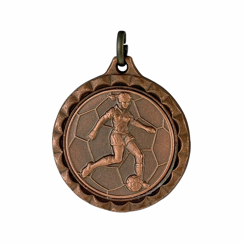 1 1/4 INCH MEDAL FRAME, SOCCER FEMALE 1 INCH MEDALLION - MULTIPLE COLORS