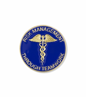 1-1/8 Inch in Diameter Enameled Gold and Blue 'Risk Management Through Teamwork' Caduceus Lapel Pin