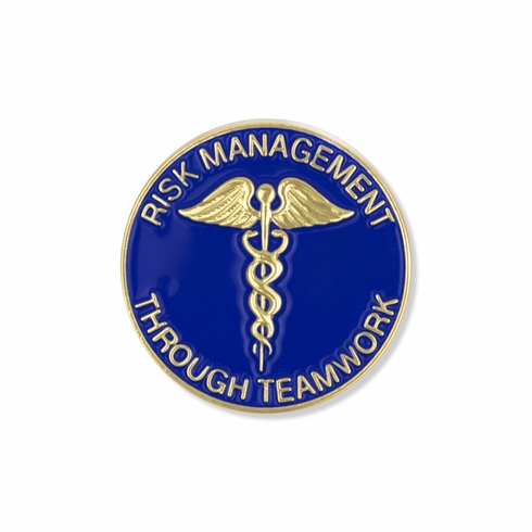 1-1/8 INCH RISK MANAGEMENT THROUGH TEAMWORK BLUE ENAMELED GOLD LAPEL PIN WITH CADUCEUS