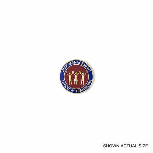 1-1/8 INCH RISK MANAGEMENT THROUGH TEAMWORK BLUE & RED ENAMELED GOLD LAPEL PIN