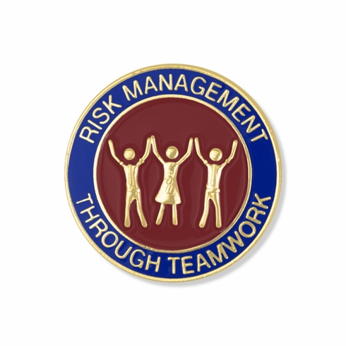 1-1/8 INCH RISK MANAGEMENT THROUGH TEAMWORK BLUE & RED ENAMELED GOLD LAPEL PIN