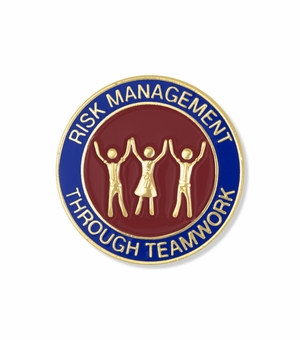 1-1/8 INCH RISK MANAGEMENT THROUGH TEAMWORK BLUE & RED ENAMELED GOLD LAPEL PIN