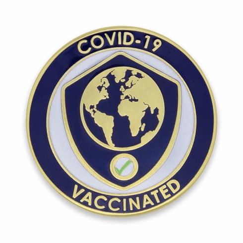 1-1/8 INCH SHIELD AND GLOBE COVID-19 "VACCINATED" LAPEL PIN
