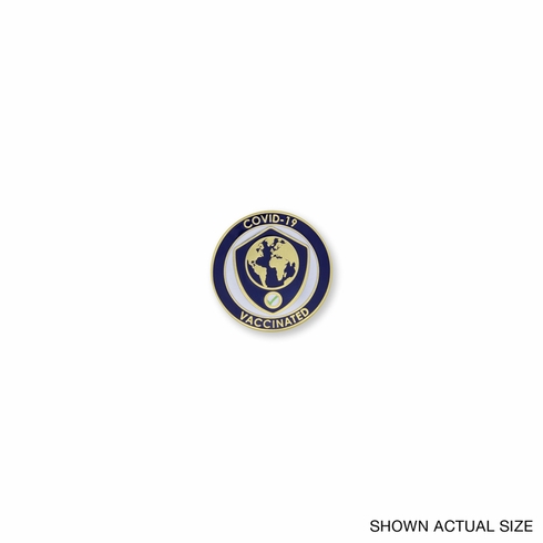 1-1/8 INCH SHIELD AND GLOBE COVID-19 "VACCINATED" LAPEL PIN