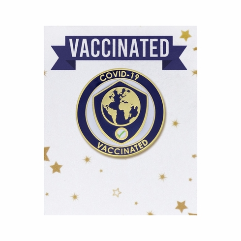 1-1/8 INCH SHIELD AND GLOBE COVID-19 "VACCINATED" LAPEL PIN