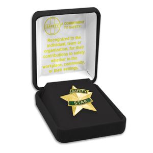 1-3/16 INCH 3D SAFETY STAR LAPEL PIN IN DELUXE BLACK VELOUR PIN BOX