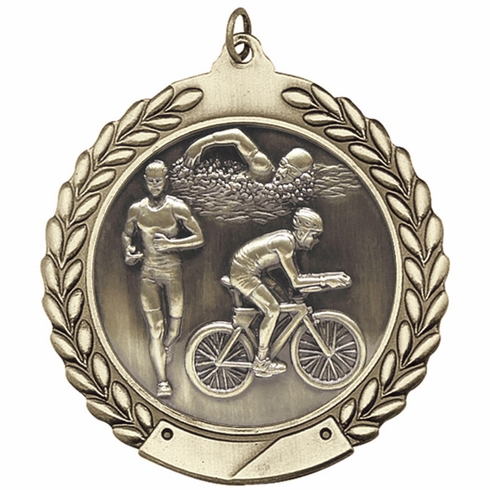 1-3/4 Inch Customizable 3D Triathalon Medal in Brass, Silver, or Bronze