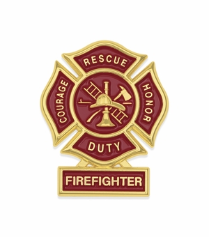 1-3/4 Inch "Firefighter" Maltese Cross Fire Shield Soft Epoxy Enameled Carded Lapel Pin