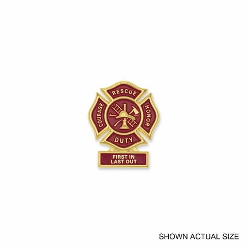 1-3/4 Inch "First In, Last Out" Firefighter Maltese Cross Fire Shield Soft Epoxy Enameled Carded Lapel Pin