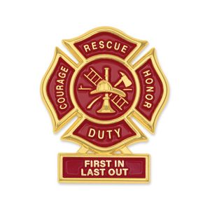 1-3/4 Inch "First In, Last Out" Firefighter Maltese Cross Fire Shield Soft Epoxy Enameled Carded Lapel Pin