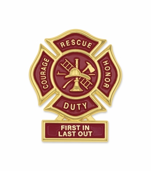 1-3/4 Inch "First In, Last Out" Firefighter Maltese Cross Fire Shield Soft Epoxy Enameled Carded Lapel Pin