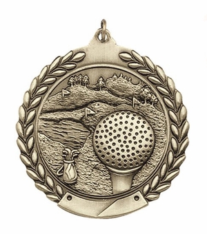 1-3/4 Inch 3D Golf Themed Medal in Brass, Silver, or Bronze with Customizable Back