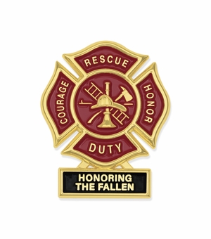 1-3/4 Inch "Honoring The Fallen" Firefighter Maltese Cross Fire Shield Soft Epoxy Enameled Carded Lapel Pin