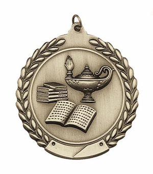 1-3/4 Inch 'Lamp of Knowledge' Themed Customizable 3D Medal in Brass, Silver, or Bronze
