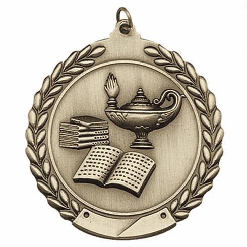 1-3/4 Inch 'Lamp of Knowledge' Themed Customizable 3D Medal in Brass, Silver, or Bronze
