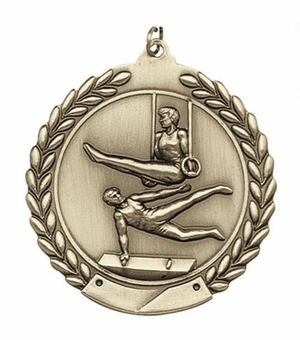 1-3/4 Inch 3D Mens Gymanstic Medal in Brass, Silver, or Bronze with Customizable Back