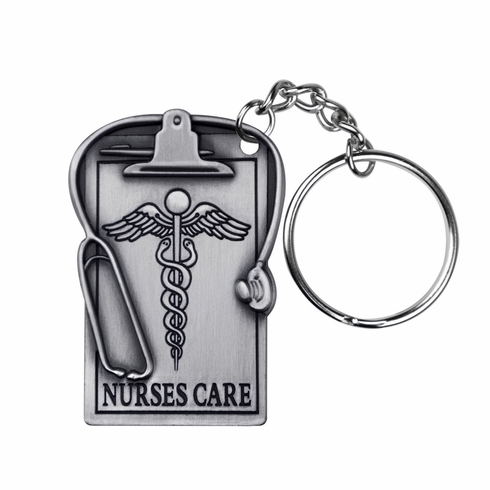 1-3/4 INCH NURSES CARE CLIPBOARD AND STETHOSCOPE PEWTER KEY CHAIN
