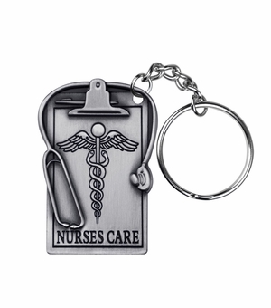 1-3/4 INCH NURSES CARE CLIPBOARD AND STETHOSCOPE PEWTER KEY CHAIN
