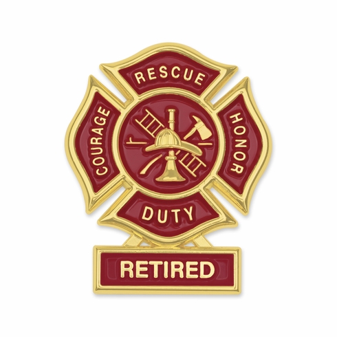 1-3/4 Inch "Retired" Firefighter Maltese Cross Fire Shield Soft Epoxy Enameled Carded Lapel Pin
