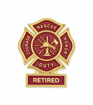 1-3/4 Inch "Retired" Firefighter Maltese Cross Fire Shield Soft Epoxy Enameled Carded Lapel Pin