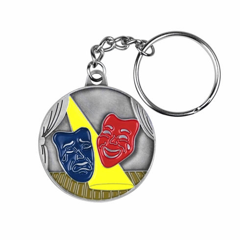 1-5/8 INCH DRAMA  MASKS ANTIQUE PEWTER ENAMELED KEY CHAIN