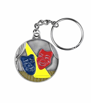 1-5/8 INCH DRAMA  MASKS ANTIQUE PEWTER ENAMELED KEY CHAIN