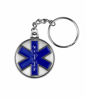 1-5/8 INCH PARAMEDIC STAR OF LIFE BLUE ENAMEL PEWTER KEY CHAIN