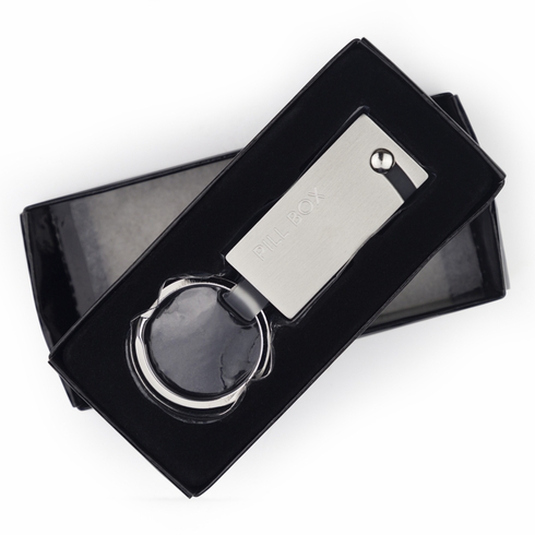 1-7/8 x 7/8 INCH SATIN SILVER FINISH PILL BOX KEY CHAIN