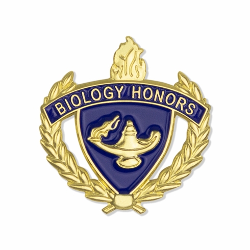 1 INCH GOLD "BIOLOGY HONORS" WITH LAMP OF LEARNING AND WREATHS ENAMELED LAPEL PIN