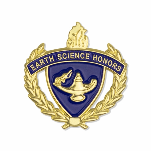1 INCH GOLD "EARTH SCIENCE HONORS" WITH LAMP OF LEARNING AND WREATHS ENAMELED LAPEL PIN