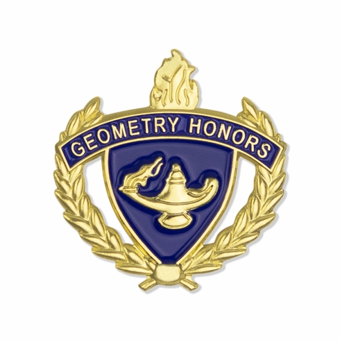 1 INCH GOLD "GEOMETRY HONORS" WITH LAMP OF LEARNING AND WREATHS ENAMELED LAPEL PIN