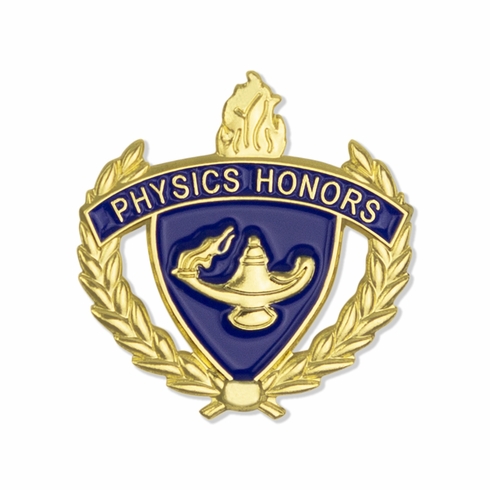 1 INCH GOLD "PHYSICS HONORS" WITH LAMP OF LEARNING AND WREATHS ENAMELED LAPEL PIN