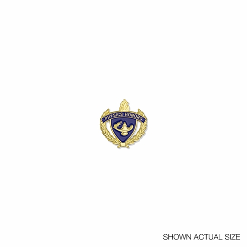 1 INCH GOLD "PHYSICS HONORS" WITH LAMP OF LEARNING AND WREATHS ENAMELED LAPEL PIN